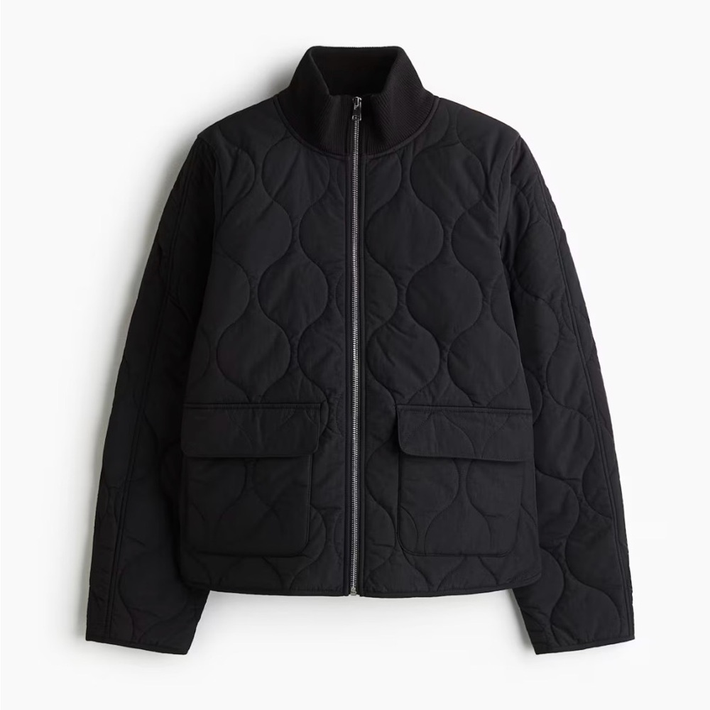 Oversized Funnel Neck Black Quilted zip Front Jacket loose fit womens sz xs
